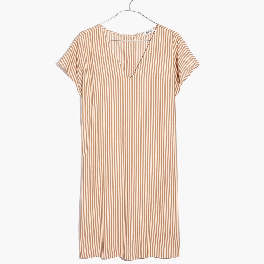 Tan Striped Shift Dress with Buttons Down the Back